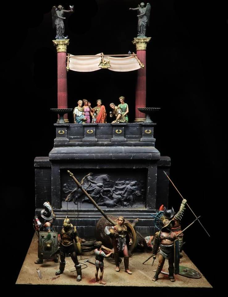 Diorama de un coliseo Romano con espectáculo de Gladiadores